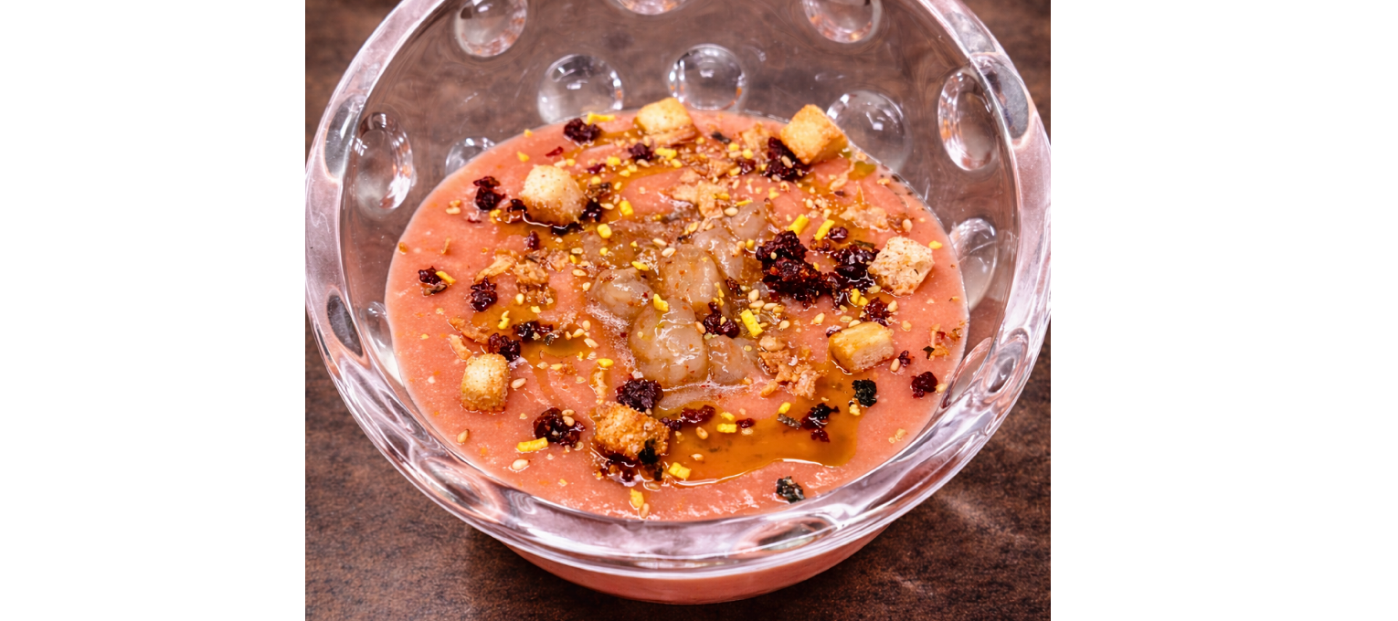 TARTAR DE LANGOSTINO CON SALMOREJO DE CHIPOTLES AHUMADOS